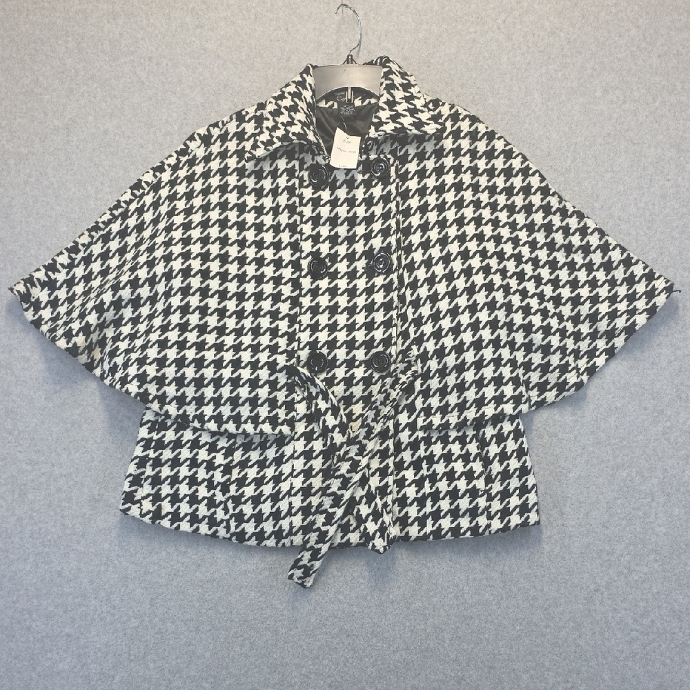 Cejon Houndstooth Cape Poncho Black White Wool Blend M/L NWT